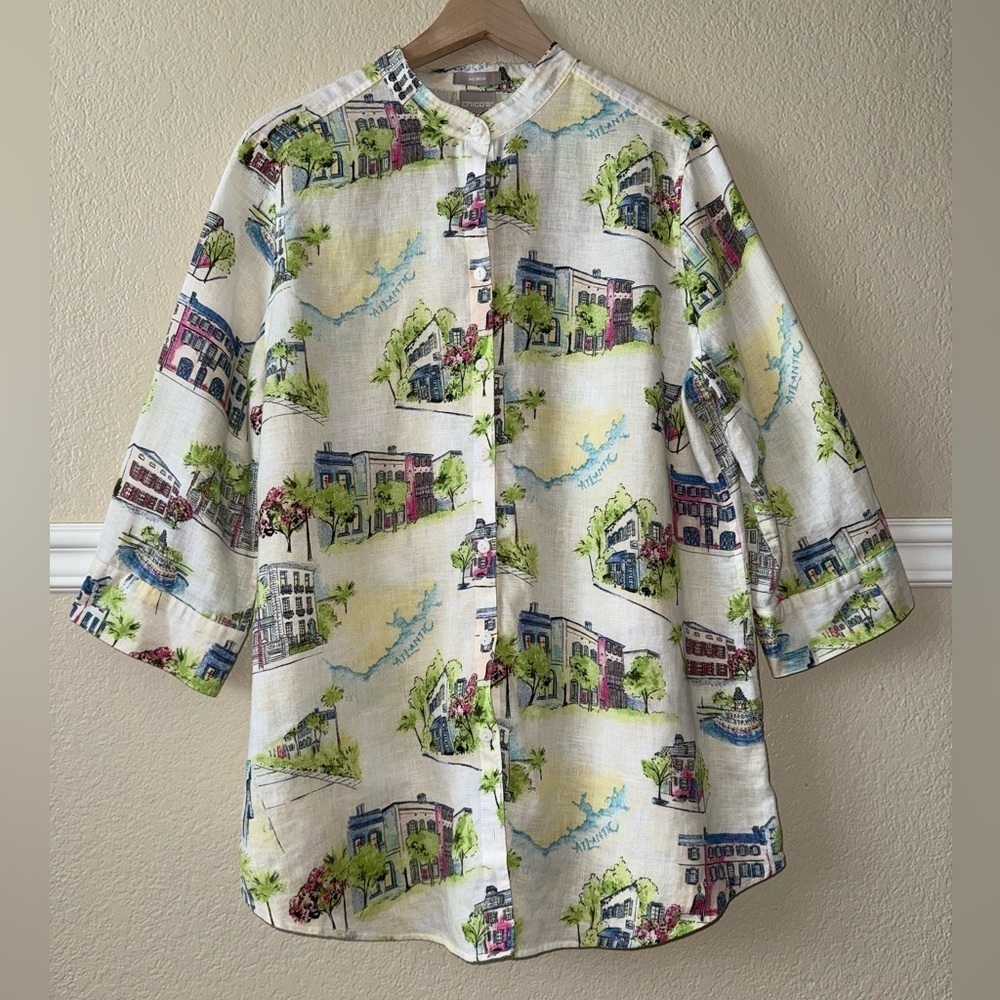 Chico’s 100% Linen Southern Charm No Iron Button Down Shirt. Size L / Chico’s 2
